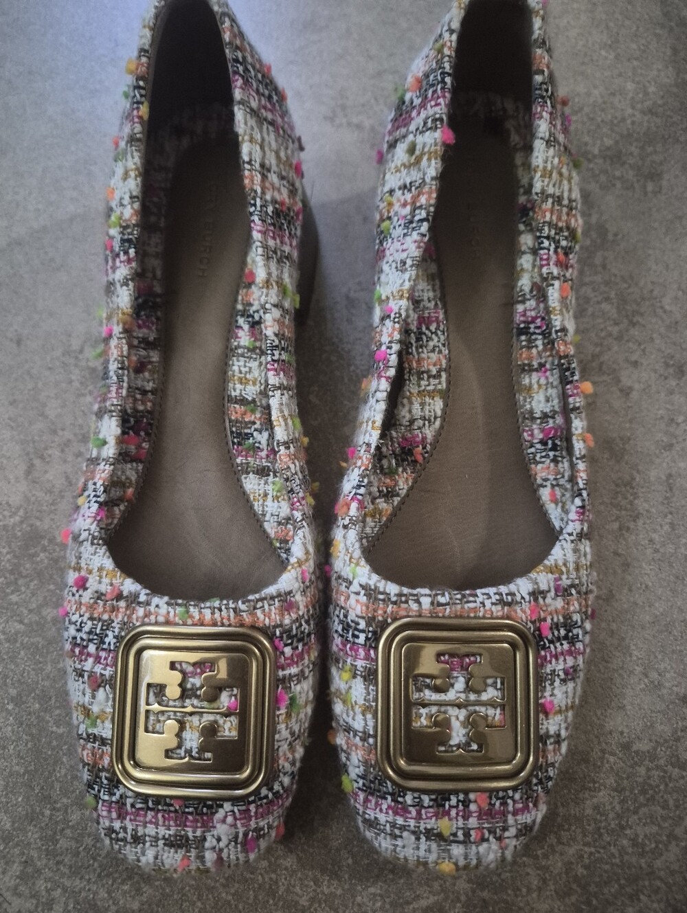 Tory Burch Georgia Multicolor Tweed Block Low Heel Pumps Gold Logo 8.5M
